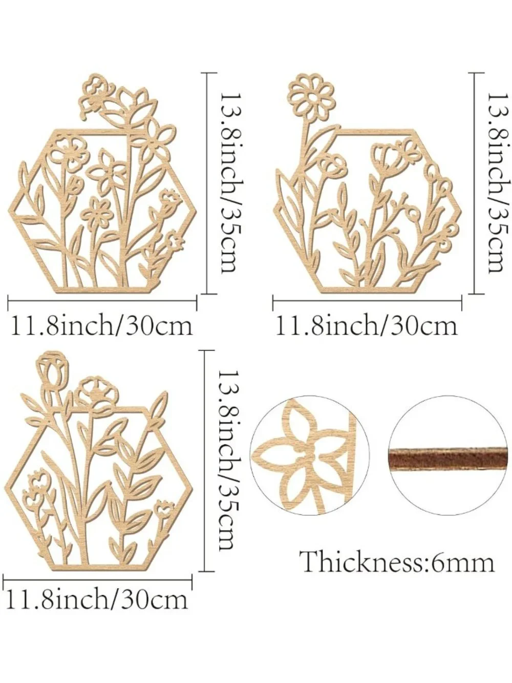 3-Piece Floral Wooden Wall Art Set - Hexagon Decor for Home, Bedroom & Office